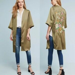 Anthropologie Floreat Army Green Silk Embroidered Floral Kimono Duster